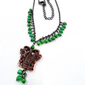 NWOT - Brown Carved Butterfly Pendant Green Beaded Gunmetal Tone 18” Necklace
